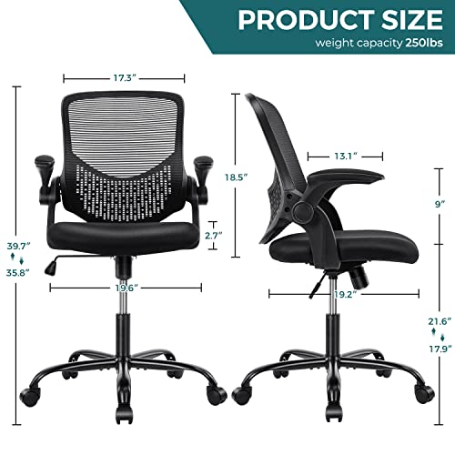 SMUG Home Office Mesh Desk Ergonomic Computer Flip Up Armrests Mid Back Lumbar Support Adjustable Swivel Task Chair, Black, 19D x 20W x 36H