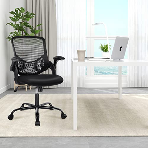 SMUG Home Office Mesh Desk Ergonomic Computer Flip Up Armrests Mid Back Lumbar Support Adjustable Swivel Task Chair, Black, 19D x 20W x 36H