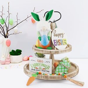 AKEROCK Easter Tiered Tray Decor, Easter Table Decorations Set with Plush Gnome Bunny & 3 Farmhouse Wooden Signs & Wooden Bead Garland for Home Decor (Tray not Included)