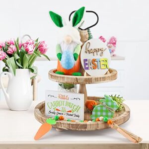 AKEROCK Easter Tiered Tray Decor, Easter Table Decorations Set with Plush Gnome Bunny & 3 Farmhouse Wooden Signs & Wooden Bead Garland for Home Decor (Tray not Included)