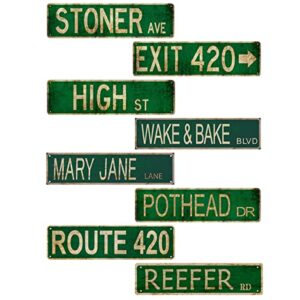 8 pcs stoner avenue mary jane lane exit 420 street sign weed stoner accessories marijuana gifts for men – trippy room man cave decor – vintage rustic stoner grunge wall room bedroom decor