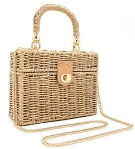 handwoven rattan bag for women-wicker woven square crossbody vintage chic casual beach boho tote bag straw bag（no pendant）