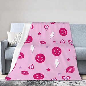 pink smile face preppy throw blanket super soft lightweight cute flanne plush cozy fuzzy preppy blanket warm bedding stuff room decor for home dormitory couch bed sofa 50 x 60 inch