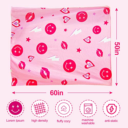 Pink Smile Face Preppy Throw Blanket Super Soft Lightweight Cute Flanne Plush Cozy Fuzzy Preppy Blanket Warm Bedding Stuff Room Decor for Home Dormitory Couch Bed Sofa 50 x 60 Inch