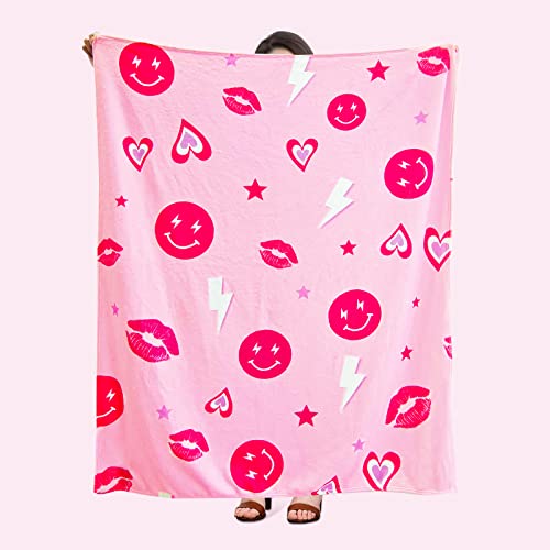 Pink Smile Face Preppy Throw Blanket Super Soft Lightweight Cute Flanne Plush Cozy Fuzzy Preppy Blanket Warm Bedding Stuff Room Decor for Home Dormitory Couch Bed Sofa 50 x 60 Inch