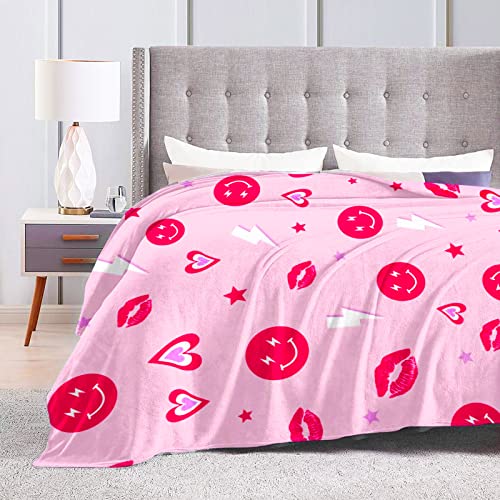 Pink Smile Face Preppy Throw Blanket Super Soft Lightweight Cute Flanne Plush Cozy Fuzzy Preppy Blanket Warm Bedding Stuff Room Decor for Home Dormitory Couch Bed Sofa 50 x 60 Inch