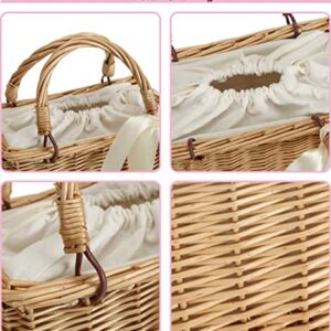 TaiGuri Women's Handmade Rattan Straw Ribbon Bow Woven Purse Handbag Tote Shoulder Bag Beige