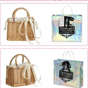 TaiGuri Women's Handmade Rattan Straw Ribbon Bow Woven Purse Handbag Tote Shoulder Bag Beige