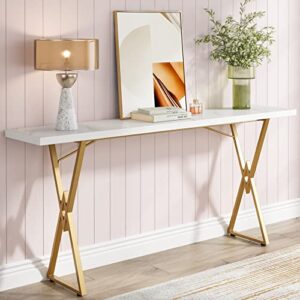 tribesigns console table white gold, 70.9″ extra long modern couch table behind sofa tables narrow long, wood skinny counter height tall hallway table for entryway living room, faux marble