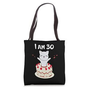 i am 30! cute cat / kitten with birthday cake tote bag