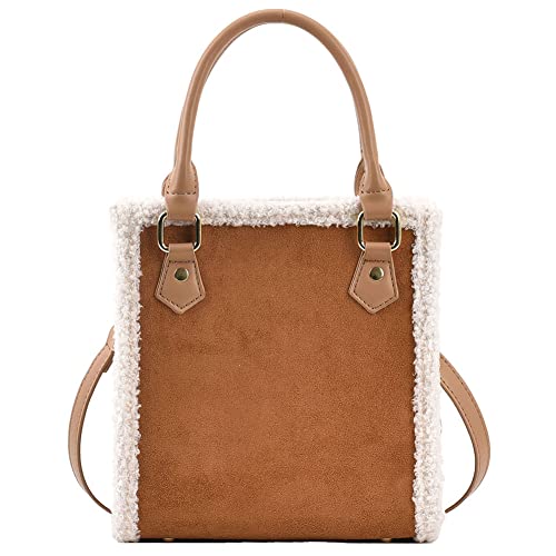 Mudono Handbags for Women Small Suede Tote Bag Square Crossbody Shoulder Purse with Faux Shearling Trim and Detachable Strap