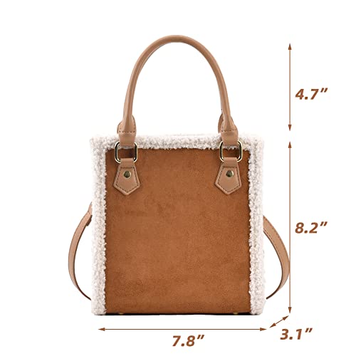 Mudono Handbags for Women Small Suede Tote Bag Square Crossbody Shoulder Purse with Faux Shearling Trim and Detachable Strap