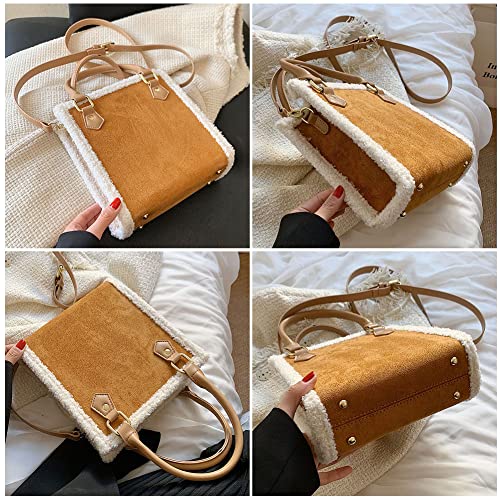 Mudono Handbags for Women Small Suede Tote Bag Square Crossbody Shoulder Purse with Faux Shearling Trim and Detachable Strap