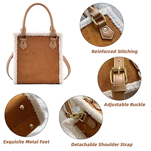 Mudono Handbags for Women Small Suede Tote Bag Square Crossbody Shoulder Purse with Faux Shearling Trim and Detachable Strap