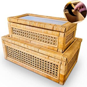 otokohm rattan decorative box with lid & removable divider – decorative boxes for home decor – boho decor display box – decorative storage boxes with lids – rattan box with lid set of 2