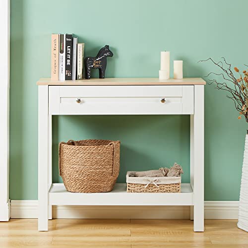 SunsGrove Console Table with Drawer, Hallway Foyer Table with Storage Shelves, Narrow Sofa Table for Entryway, Living Room, White