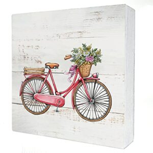 bicycle and flowers spring wood box sign home decor rustic spring wooden box sign block plaque for wall tabletop desk home decoration