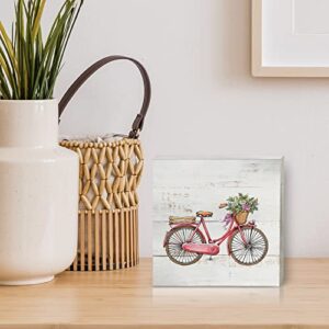 Bicycle and Flowers Spring Wood Box Sign Home Decor Rustic Spring Wooden Box Sign Block Plaque for Wall Tabletop Desk Home Decoration