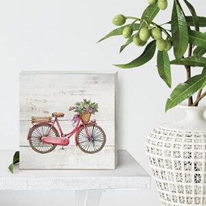 Bicycle and Flowers Spring Wood Box Sign Home Decor Rustic Spring Wooden Box Sign Block Plaque for Wall Tabletop Desk Home Decoration