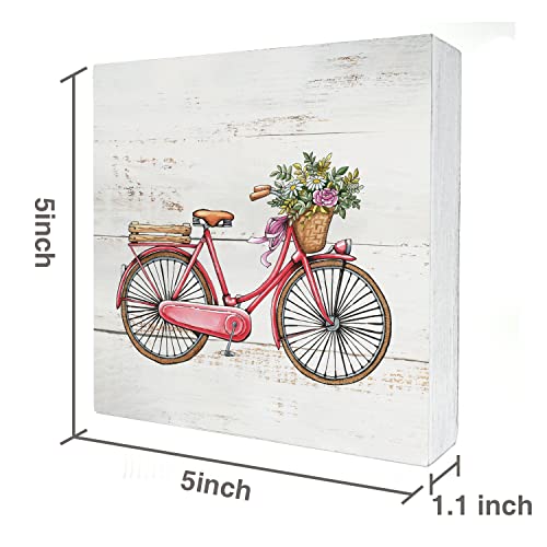 Bicycle and Flowers Spring Wood Box Sign Home Decor Rustic Spring Wooden Box Sign Block Plaque for Wall Tabletop Desk Home Decoration