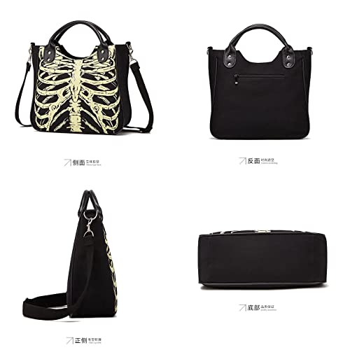 Vintage women's tote bag Canvas luminous handbag Fashion punk tote bag Gothic handbag shoulder bag (black)