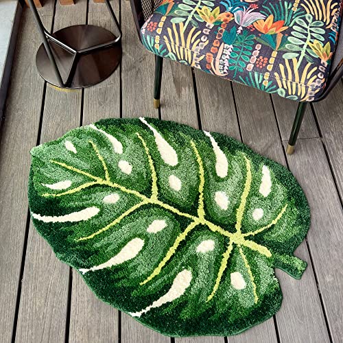 stitchworn Monstera Leaf Area Rug 3.3x2.2ft Tufted Washable Bath Mat Home Décor for Bedroom Bathroom Office Floor Plant Room