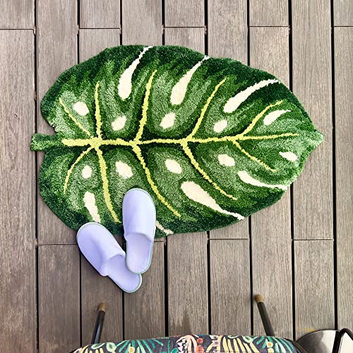 stitchworn Monstera Leaf Area Rug 3.3x2.2ft Tufted Washable Bath Mat Home Décor for Bedroom Bathroom Office Floor Plant Room