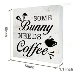 Some Bunny Needs Coffee Wood Box Sign Home Decor Rustic Easter Bunny Wooden Box Sign Block Plaque for Wall Tabletop Desk Home Kitchen Decoration