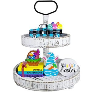 easter tiered tray decor set: 7 pieces thick wooden stand sign for tabletop spring decorations, farmhouse rustic mini ornaments for home kitchen table top housewarming [tray not included]