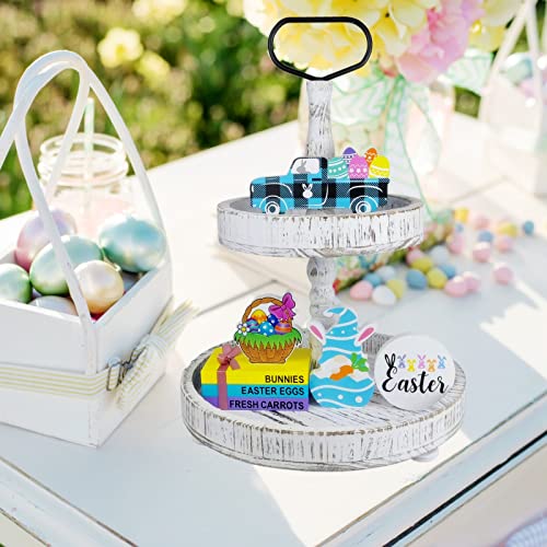 Easter Tiered Tray Decor Set: 7 Pieces Thick Wooden Stand Sign for Tabletop Spring Decorations, Farmhouse Rustic Mini Ornaments for Home Kitchen Table Top Housewarming [Tray Not Included]