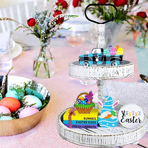 Easter Tiered Tray Decor Set: 7 Pieces Thick Wooden Stand Sign for Tabletop Spring Decorations, Farmhouse Rustic Mini Ornaments for Home Kitchen Table Top Housewarming [Tray Not Included]