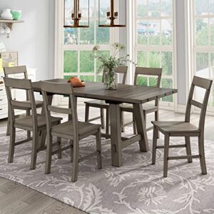 retro style kitchen dining room set, 7-piece dining table set extendable kitchen table set with 18” leaf rectangular table with 6 wood chairs, dining room set for 6 people, for dining room, kitchen