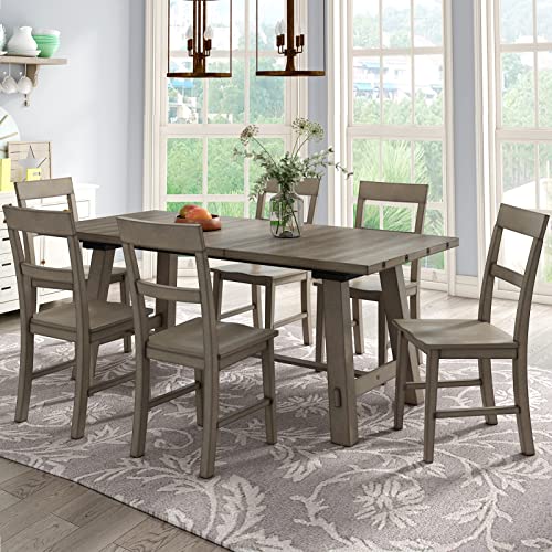 Retro Style Kitchen Dining Room Set, 7-Piece Dining Table Set Extendable Kitchen Table Set with 18” Leaf Rectangular Table with 6 Wood Chairs, Dining Room Set for 6 People, for Dining Room, Kitchen