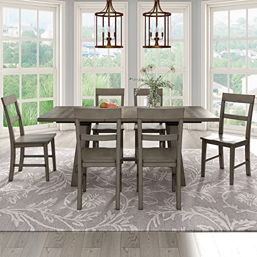 Retro Style Kitchen Dining Room Set, 7-Piece Dining Table Set Extendable Kitchen Table Set with 18” Leaf Rectangular Table with 6 Wood Chairs, Dining Room Set for 6 People, for Dining Room, Kitchen