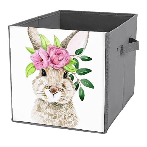 DamTma Rabbit with Spring Flowers Collapsible Storage Cubes Easter Bunny 10.6 Inch Fabric Storage Bins Storage Cubes with Handles Basket Storage Organizer for Clothes Pet Toys