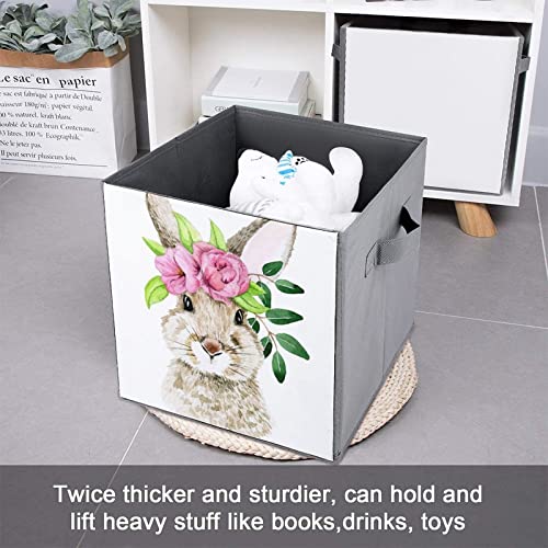 DamTma Rabbit with Spring Flowers Collapsible Storage Cubes Easter Bunny 10.6 Inch Fabric Storage Bins Storage Cubes with Handles Basket Storage Organizer for Clothes Pet Toys