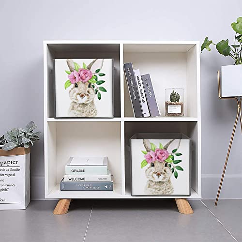 DamTma Rabbit with Spring Flowers Collapsible Storage Cubes Easter Bunny 10.6 Inch Fabric Storage Bins Storage Cubes with Handles Basket Storage Organizer for Clothes Pet Toys