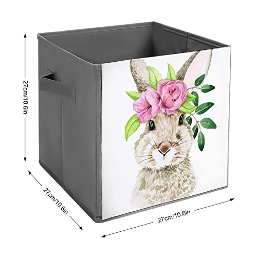 DamTma Rabbit with Spring Flowers Collapsible Storage Cubes Easter Bunny 10.6 Inch Fabric Storage Bins Storage Cubes with Handles Basket Storage Organizer for Clothes Pet Toys