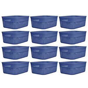 life story 10 quart lightweight heavy duty woven trendy storage organizer holder bin basket w/built in handles for household storage, blue (12 pack)
