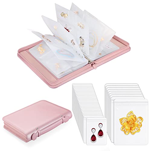 SKYREH Jewelry Travel Organizer Case, PU Leather Portable Jewelry Storage Book with Transparent Pockets Zipper Bag for Necklaces, Earrings, Bracelets (48 Grids + 48 Thicken PVC Bags), Rose Gold