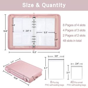 SKYREH Jewelry Travel Organizer Case, PU Leather Portable Jewelry Storage Book with Transparent Pockets Zipper Bag for Necklaces, Earrings, Bracelets (48 Grids + 48 Thicken PVC Bags), Rose Gold