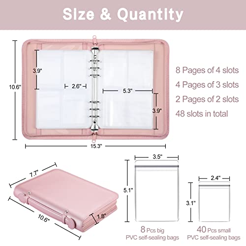 SKYREH Jewelry Travel Organizer Case, PU Leather Portable Jewelry Storage Book with Transparent Pockets Zipper Bag for Necklaces, Earrings, Bracelets (48 Grids + 48 Thicken PVC Bags), Rose Gold