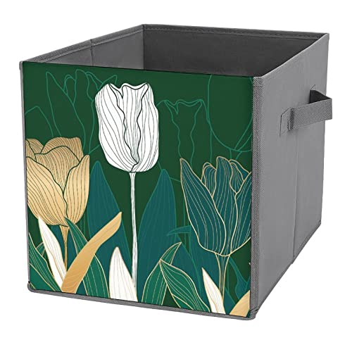 DamTma Gold Tulips Flowers Collapsible Storage Cubes Spring 10.6 Inch Fabric Storage Bins Storage Cubes with Handles Basket Storage Organizer for Clothes Pet Toys