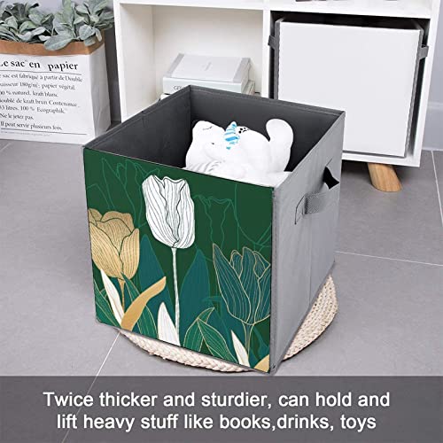 DamTma Gold Tulips Flowers Collapsible Storage Cubes Spring 10.6 Inch Fabric Storage Bins Storage Cubes with Handles Basket Storage Organizer for Clothes Pet Toys