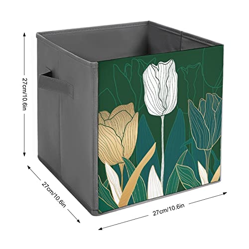 DamTma Gold Tulips Flowers Collapsible Storage Cubes Spring 10.6 Inch Fabric Storage Bins Storage Cubes with Handles Basket Storage Organizer for Clothes Pet Toys