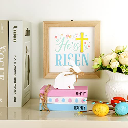 Treory Easter Decorations for The Home, 4 pcs Easter Decor Book Stack Pink Blue Happy Easter Bunny with Mini Book Wooden Table Signs Set Rustic Tiered Tray Decor Farmhouse Decor for Easter Gifts