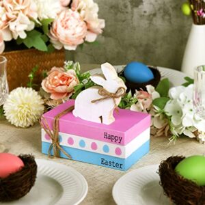 Treory Easter Decorations for The Home, 4 pcs Easter Decor Book Stack Pink Blue Happy Easter Bunny with Mini Book Wooden Table Signs Set Rustic Tiered Tray Decor Farmhouse Decor for Easter Gifts