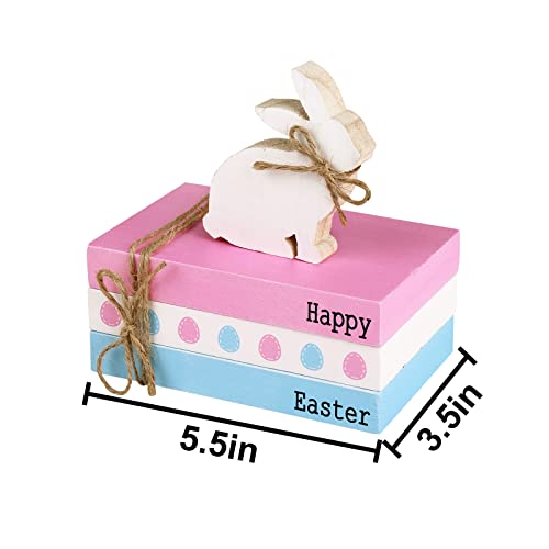 Treory Easter Decorations for The Home, 4 pcs Easter Decor Book Stack Pink Blue Happy Easter Bunny with Mini Book Wooden Table Signs Set Rustic Tiered Tray Decor Farmhouse Decor for Easter Gifts