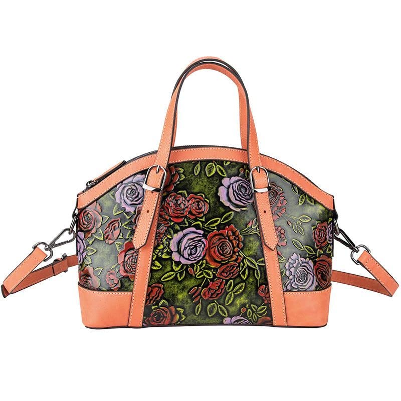 Genuine Leather Embossed Purses for Women, Retro Crossbody Handbag Satchels with Vintage Floral Design (3449-orange)