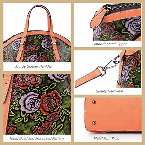 Genuine Leather Embossed Purses for Women, Retro Crossbody Handbag Satchels with Vintage Floral Design (3449-orange)